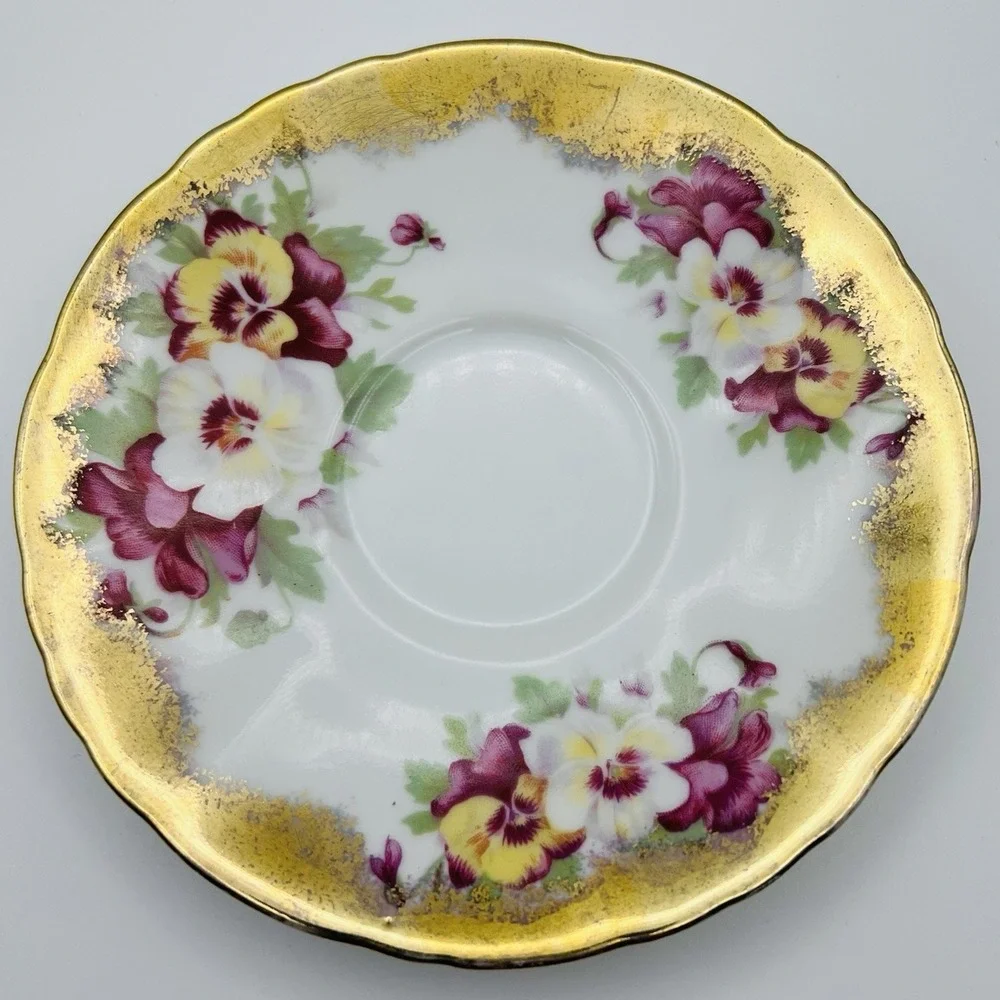 Norcrest Teacup Saucer Gold Encrusted Pansy Floral Footed China Japan Vintage